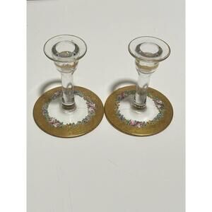 1950's Art Nouveau Glass Clear Gold Encrusted Floral 4.5” Candle Holders
